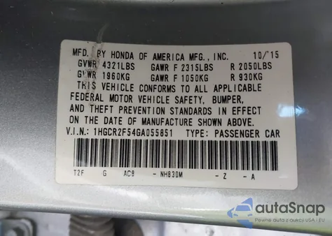 2016 Honda Accord Sport from USA, damaged, VIN 1HGCR2F54GA055851
